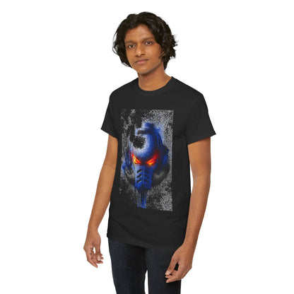 A male model wearing a black graphic t-shirt showcasing a distinct blue and red helmet illustration, embodying chic contemporary fashion.