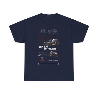 Sophisticated navy Suzuki Forza men's t-shirt with an eye-catching graphic design, featuring the words 'ROAR OF POWER' and a detailed representation of a Suzuki vehicle alongside engineering sketches, perfect for the discerning car enthusiast.