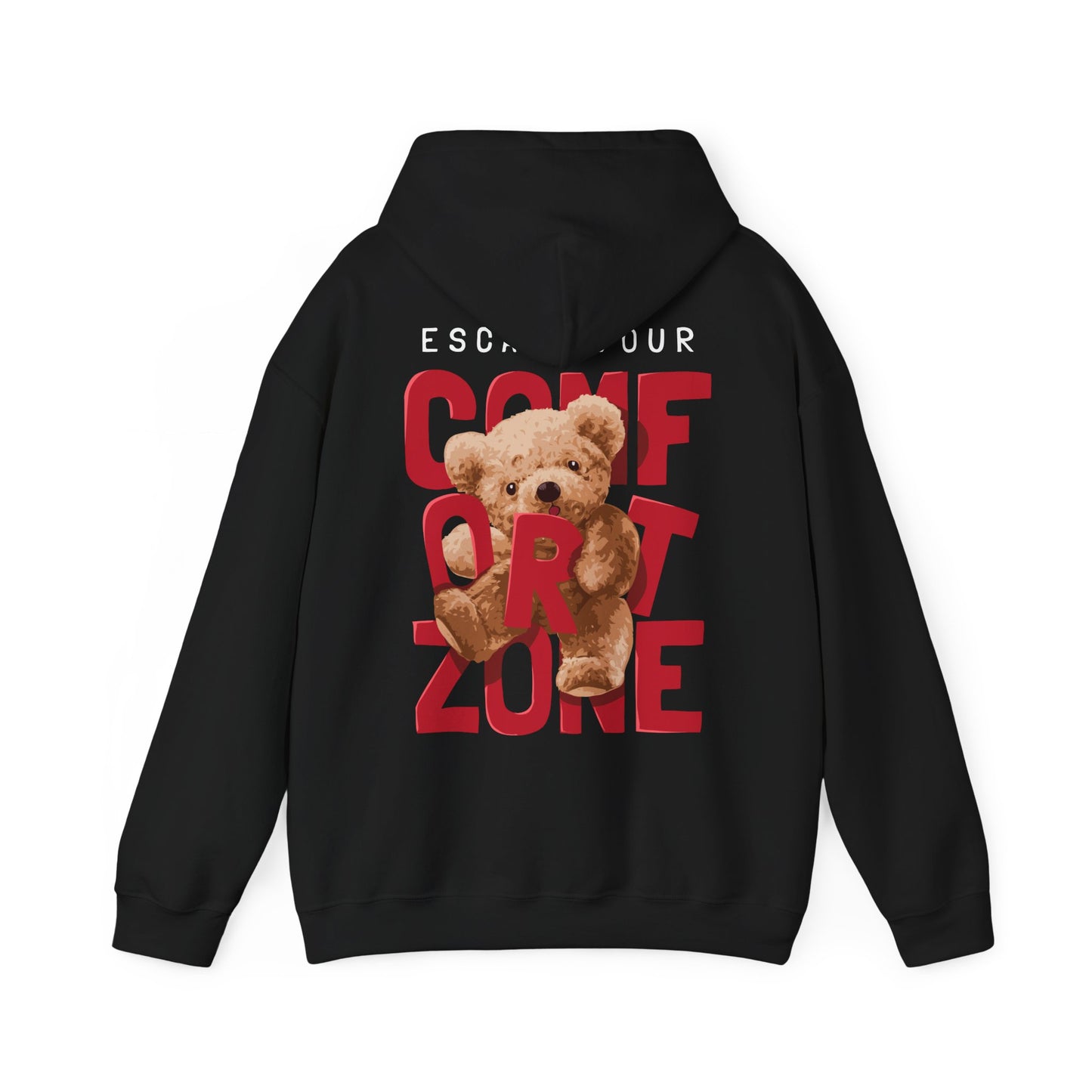 Elegant black hoodie showcasing a striking back design with the words 'ESCAPE YOUR COMFORT ZONE' alongside a charming teddy bear graphic.
