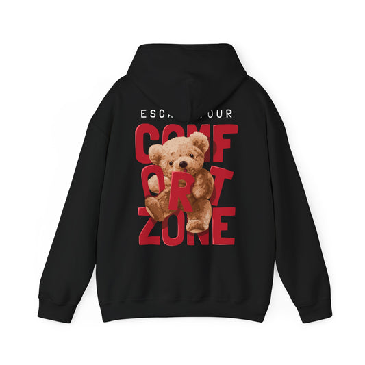 Elegant black hoodie showcasing a striking back design with the words 'ESCAPE YOUR COMFORT ZONE' alongside a charming teddy bear graphic.