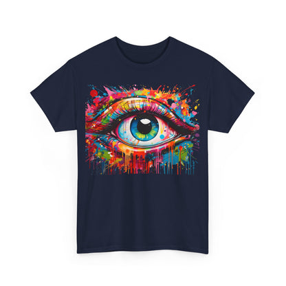 Visionary Drip Graffiti Graphic Unisex T Shirt Tee featuring a vibrant eye design with splashes of colour, exuding artistic flair and luxury style.
