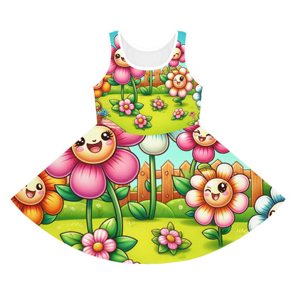 Iris Bloomfield Girls Colourful Floral Sundress by Dazzling Dreams Studio, featuring vibrant cartoon prints and soft breathable fabric, perfect for summer adventures.