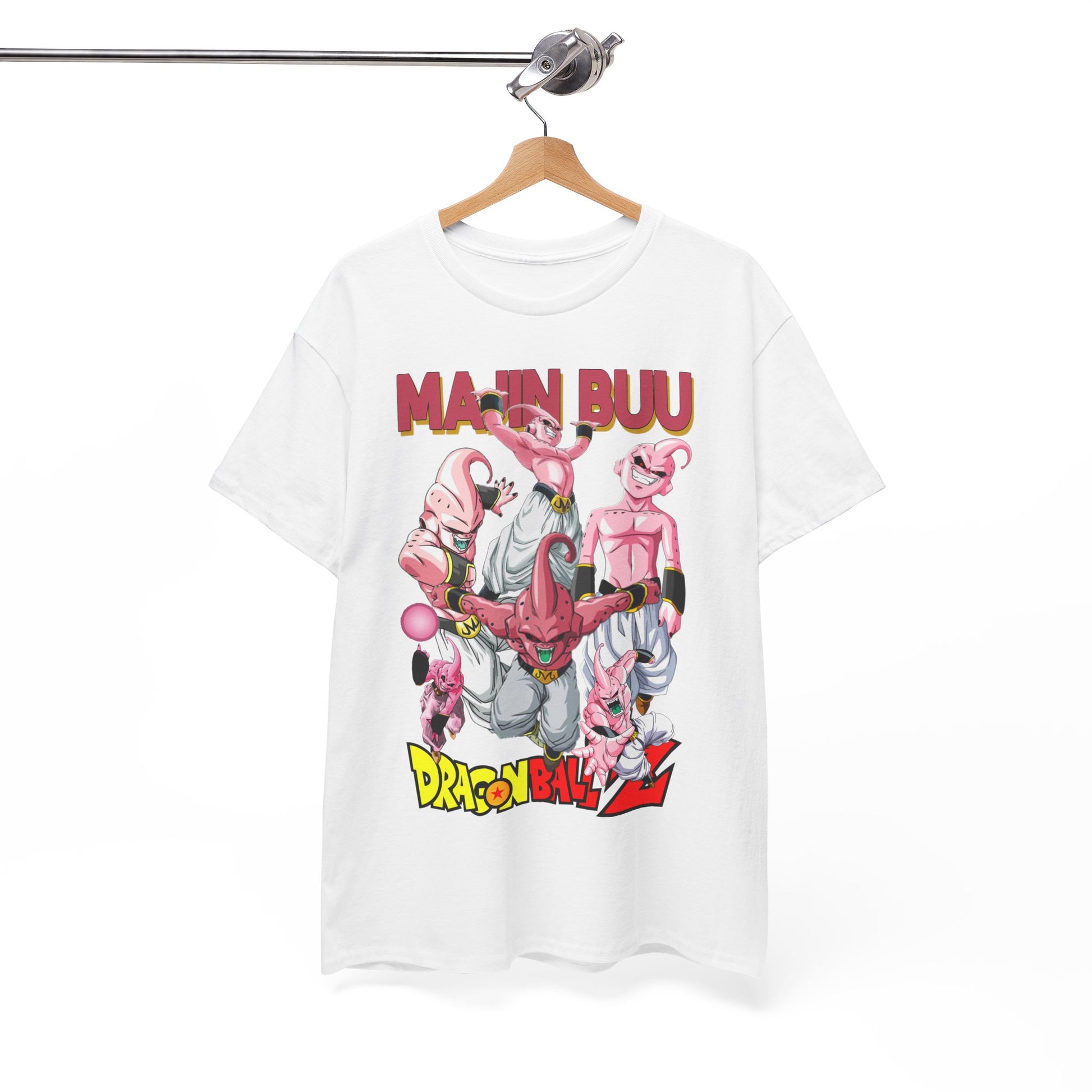Sophisticated hanging white T-shirt illustrating Majin Buu and Dragon Ball Z characters, elegantly presented with bright, eye-catching text, a must-have statement piece for die-hard fans.