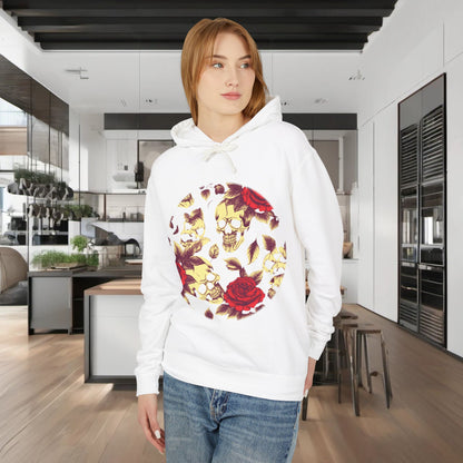 Unisex Lightweight Hooded Sweatshirt showcasing unique designer skull and roses design, worn by a woman in an elegant kitchen environment.