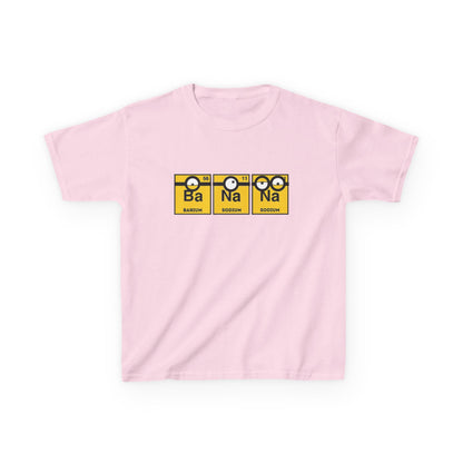 Minions Kids T-Shirt Banana Yellow Periodic Table Elements Tee in pink, featuring fun chemical elements Barium and Sodium with adorable Minion characters, great for educational wear. T Shirt, Funny, Minions.