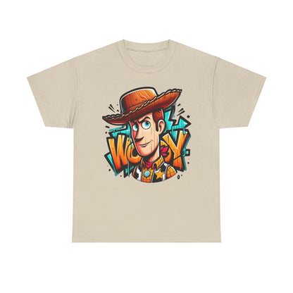 Woody Graffiti Style Unisex Graphic Tee, showcasing vibrant urban art inspired by Toy Story, featuring a striking illustration of Woody against a light beige backdrop.