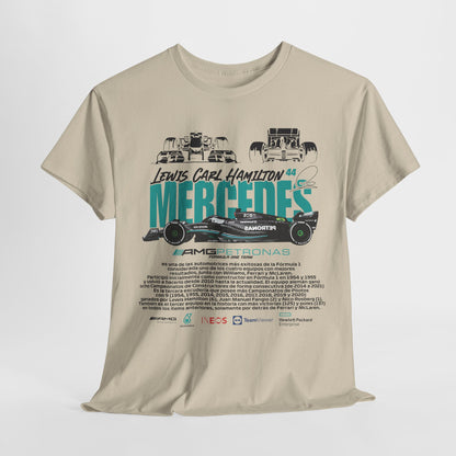 Elegantly displayed beige t-shirt with distinctive graphics of Mercedes F1 cars, highlighting 'Lewis Carl Hamilton 44 MERCEDES' in stylish typography.