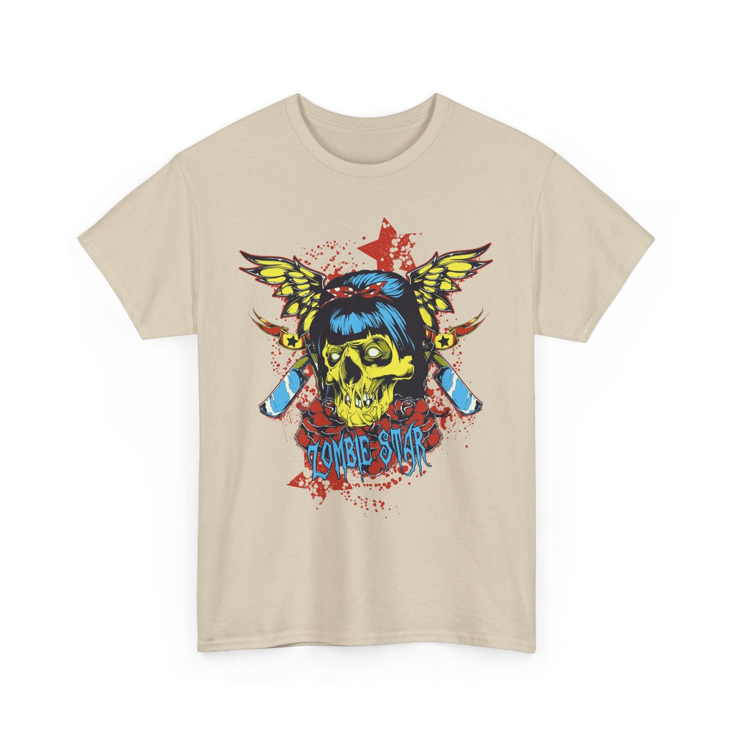 Chic beige t-shirt featuring a striking zombie skull graphic with vibrant colours, perfect for making a bold statement.