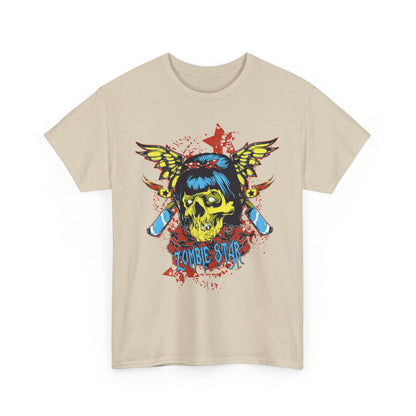 Chic beige t-shirt featuring a striking zombie skull graphic with vibrant colours, perfect for making a bold statement.