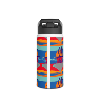 Elegant Fantasy Paddleboarding Stainless Steel Water Bottle featuring a vibrant design with silhouettes of paddleboarders against a sunset backdrop, perfect for luxury hydration.
