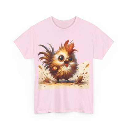 Front view of the unisex Explosive Joy Tee - Cartoon Bird Edition, displaying a vibrant cartoon-style bird illustration on a soft pink fabric, perfect for adding a touch of playfulness to any outfit.