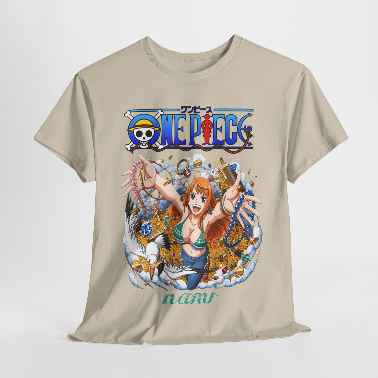 Dynamic view of a beige T-shirt featuring a captivating anime design, celebrating Nami from One Piece amidst an array of treasures.