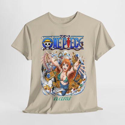 Dynamic view of a beige T-shirt featuring a captivating anime design, celebrating Nami from One Piece amidst an array of treasures.