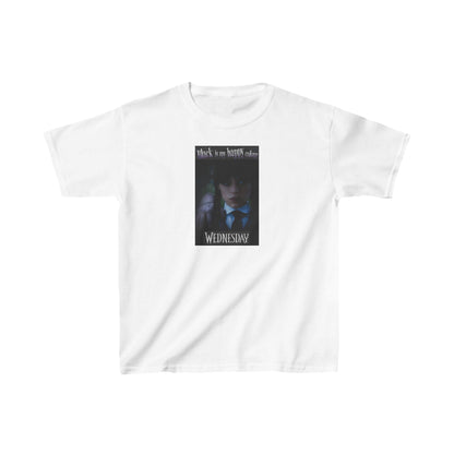 Elegant unisex graphic tee displaying Wednesday with Thing, highlighting the phrase 'Black is my happy color' on a pristine white shirt.
