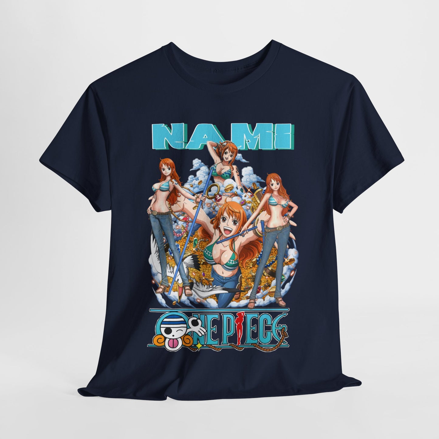 Exquisite One Piece themed t-shirt highlighting a striking Nami design, adorned with intricate details and bold lettering, crafted for a sophisticated fan's wardrobe.