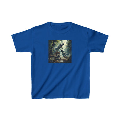 Kids Dinosaur Heavy Cotton Tee in classic blue, displaying an eye-catching dinosaur graphic, perfect for curious young explorers.