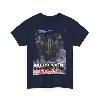 Luxurious Hunter x Hunter Phantom Rouge T-shirt featuring iconic characters in a stunning grayscale design on a navy backdrop, perfect for anime enthusiasts.