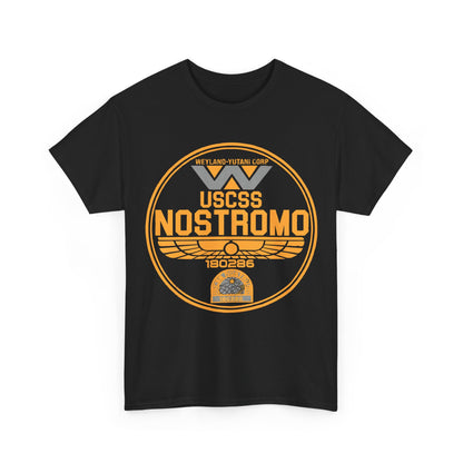 Stylish front view of the USCSS Nostromo Graphic Unisex Tee Shirt, featuring the renowned logo of the Weyland-Yutani Corporation in a classic black colour, perfect for lovers of science fiction.