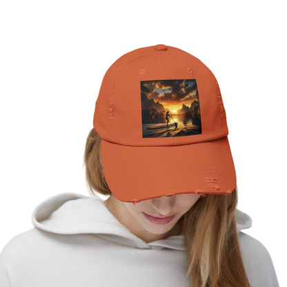 Fashionable Unisex Distressed Paddleboarders Cap being worn in orange, ideal accessory for those who appreciate luxe style while paddleboarding.
