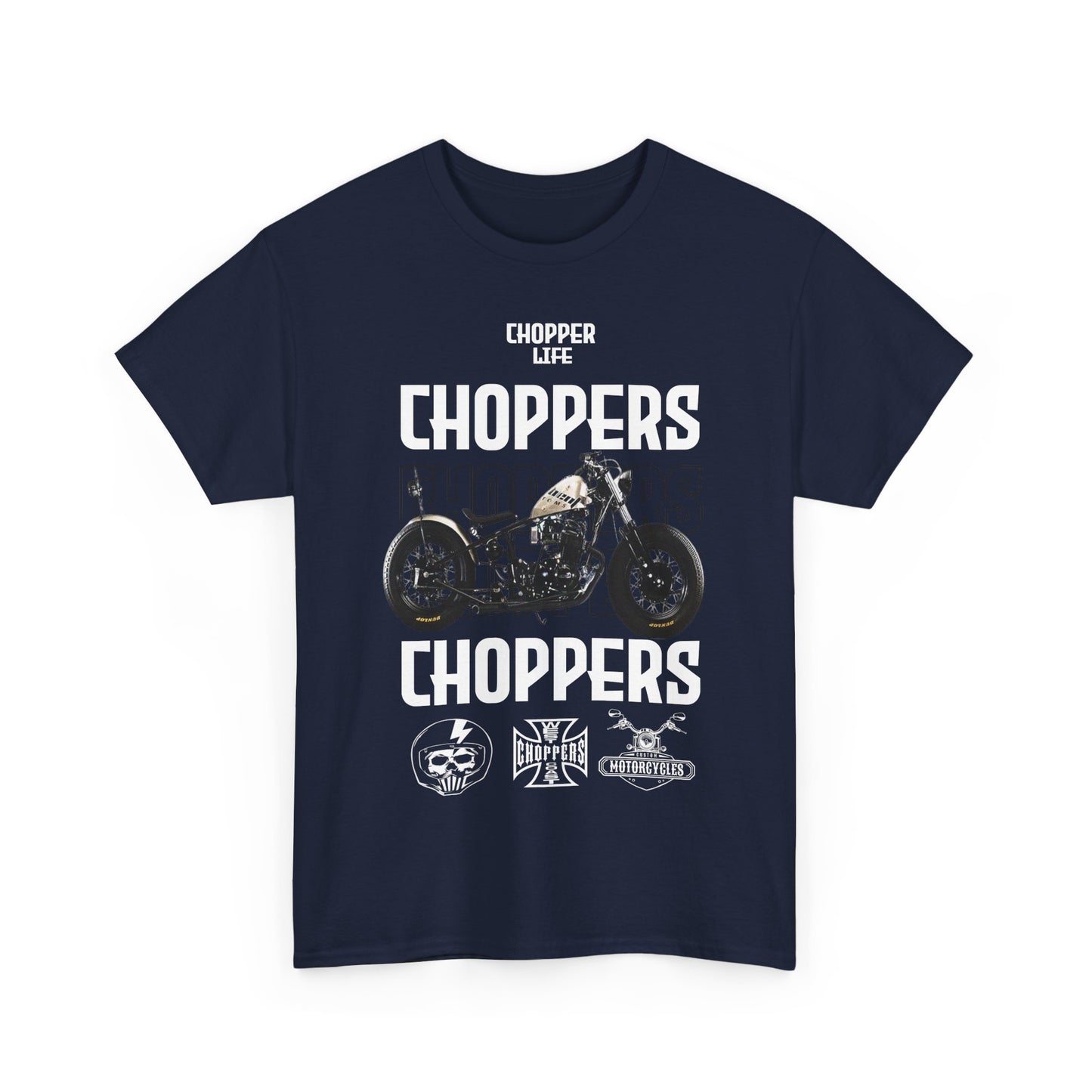Stylish men's navy t-shirt featuring a bold motorcycle graphic, showcasing the phrase 'CHOPPER LIFE' and distinct club logos, perfect for motorcycle enthusiasts.