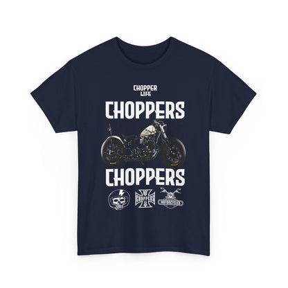 Stylish men's navy t-shirt featuring a bold motorcycle graphic, showcasing the phrase 'CHOPPER LIFE' and distinct club logos, perfect for motorcycle enthusiasts.