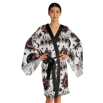 Chic Floral Kimono Robe - Women's Robe with stunning floral and celestial patterns, accentuated by a contrasting black tie belt, perfect for luxury lounge wear.