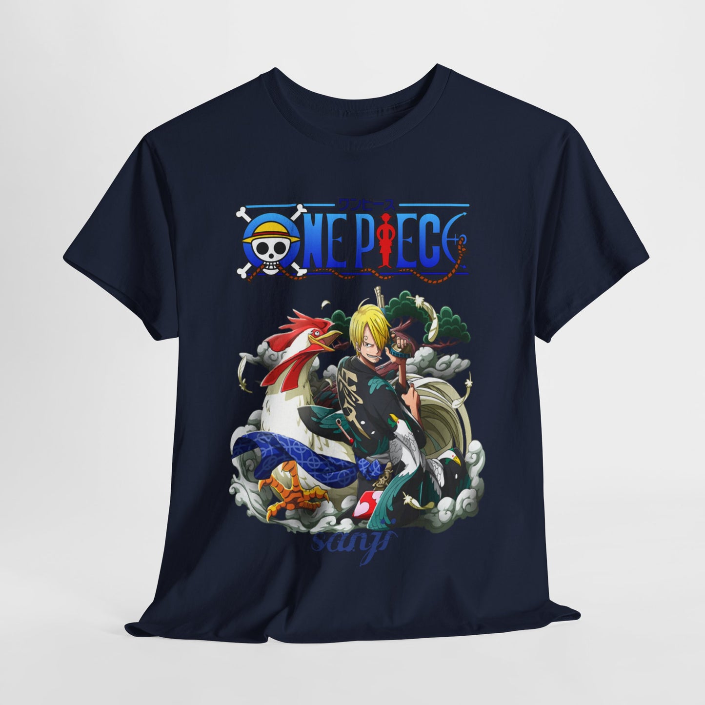 Luxurious navy blue men's t-shirt featuring an elaborate Sanji design from One Piece, showcasing vibrant colours and intricate details.