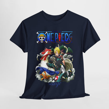 Luxurious navy blue men's t-shirt featuring an elaborate Sanji design from One Piece, showcasing vibrant colours and intricate details.
