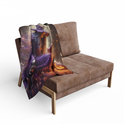 Decorative and Warm Halloween Spooky Arctic Fleece Blanket draped over a chic sofa, adding a festive touch to the home, ideal for cozy fall evenings.