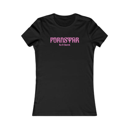 Sleek black women's fitted t-shirt showcasing a whimsical 'P' STAR design with the phrase 'PORNSTAR It's A Secret' in sophisticated pink lettering, ideal for a bold fashion statement.