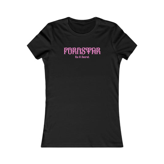 Sleek black women's fitted t-shirt showcasing a whimsical 'P' STAR design with the phrase 'PORNSTAR It's A Secret' in sophisticated pink lettering, ideal for a bold fashion statement.