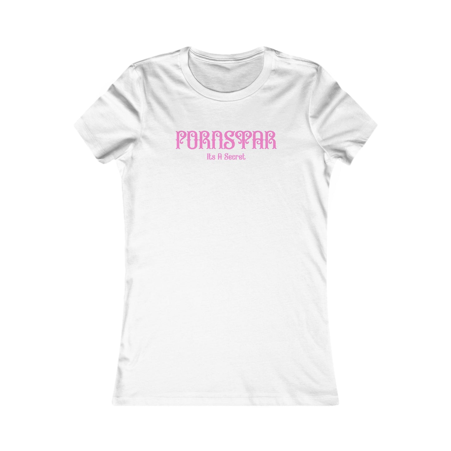 Elegant white women's fitted T-shirt featuring a playful 'P' STAR design with the phrase 'It's A Secret' in eye-catching gothic-inspired pink lettering.