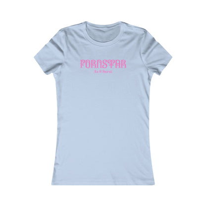 Cheeky women's fitted t-shirt in soft blue featuring the bold 'PORNSTAR' design in an elegant pink gothic font with the phrase 'It's A Secret'.