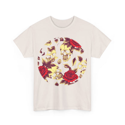 Skulls and Roses Cotton Tee, Unisex Graphic Shirt showcasing a striking steampunk design with skulls and roses, perfect for fashion enthusiasts.