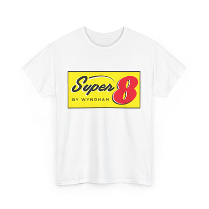 Front view of the Super 8 Retro Logo Unisex Graphic Tee featuring a vibrant vintage logo design, perfect for stylish wardrobe enhancement.