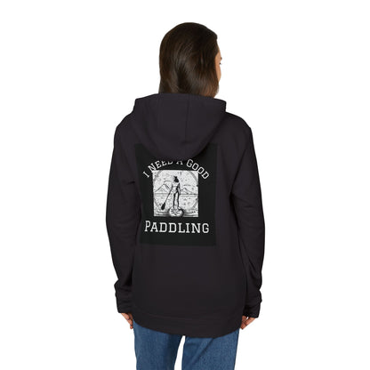 Model wearing Adidas Women’s Fleece hoodie with 'I Need a Good Paddling' graphic, ideal for lifestyle and outdoor adventures. Chic black colour enhances elegance.