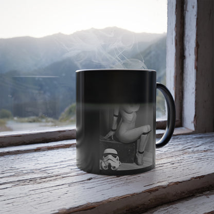 Princess Leia Heat Change Mug elegantly showcased by a window with a scenic mountain view, steam rising from the cup, featuring striking artwork of a bold character design on a matte black background.