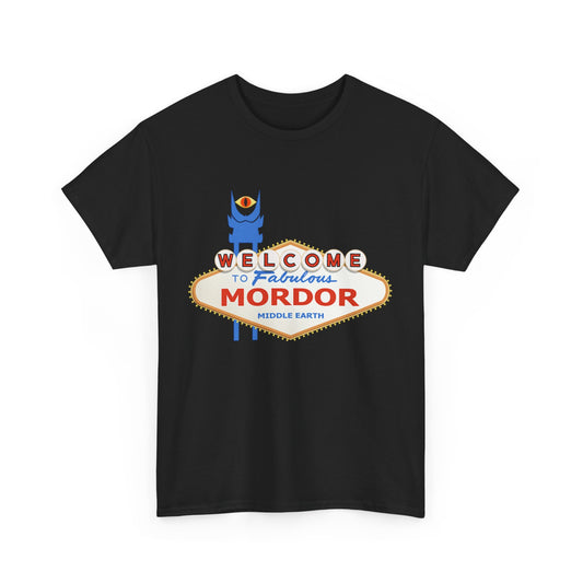 Stylish front view of the 'Welcome To Fabulous Mordor' graphic T-shirt for men and women, illustrating the captivating design that fuses dark fantasy with playful humour, perfect for fashion-forward individuals.