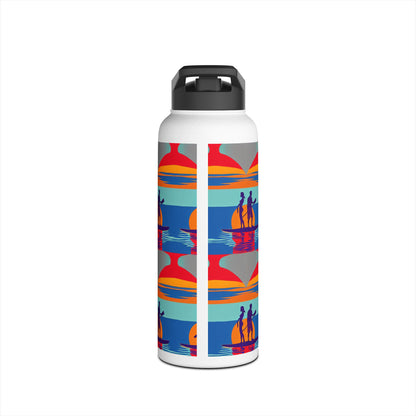 Elegant Fantasy Paddleboarding Stainless Steel Water Bottle with an artistic design of paddleboarders at sunset, ideal for hydration during thrilling water sports.