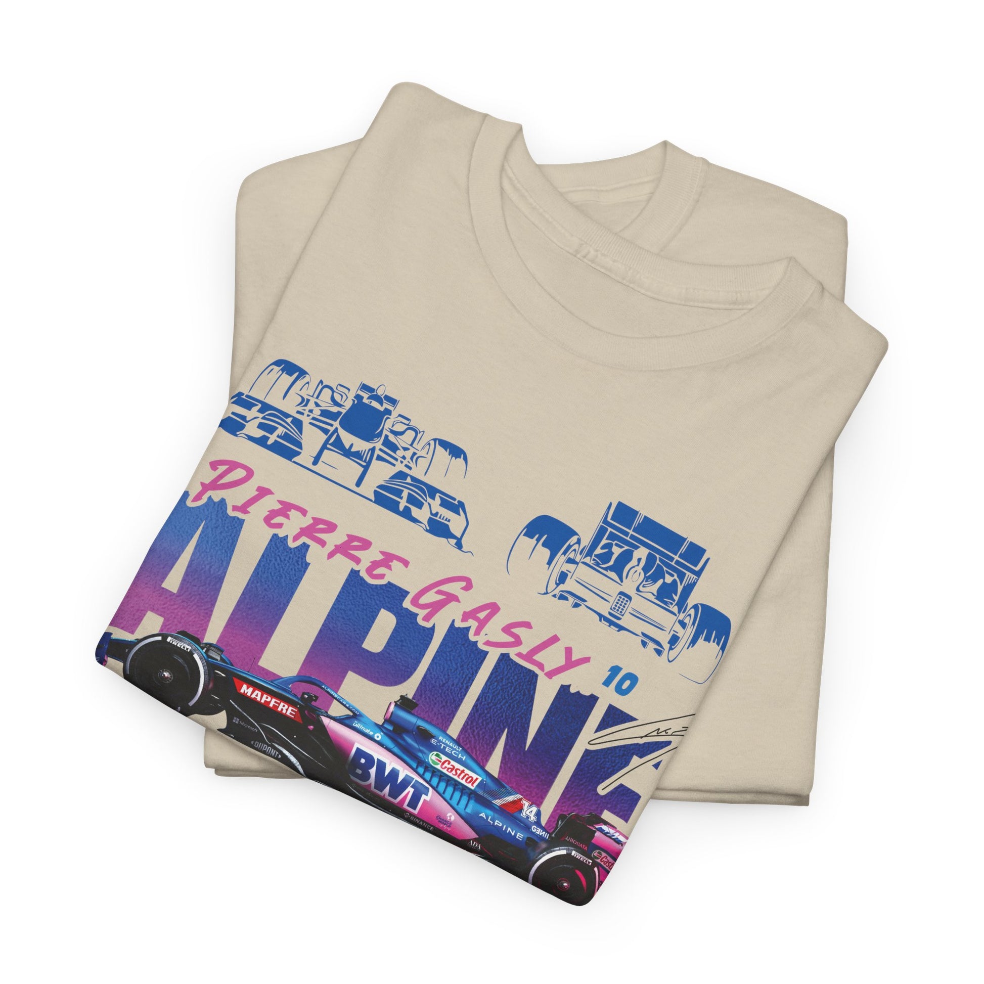 Sophisticated folded Alpine F1 Team T-Shirt in elegant beige, displaying a vibrant graphic of Pierre Gasly's racing car design, perfect for stylish casual wear.
