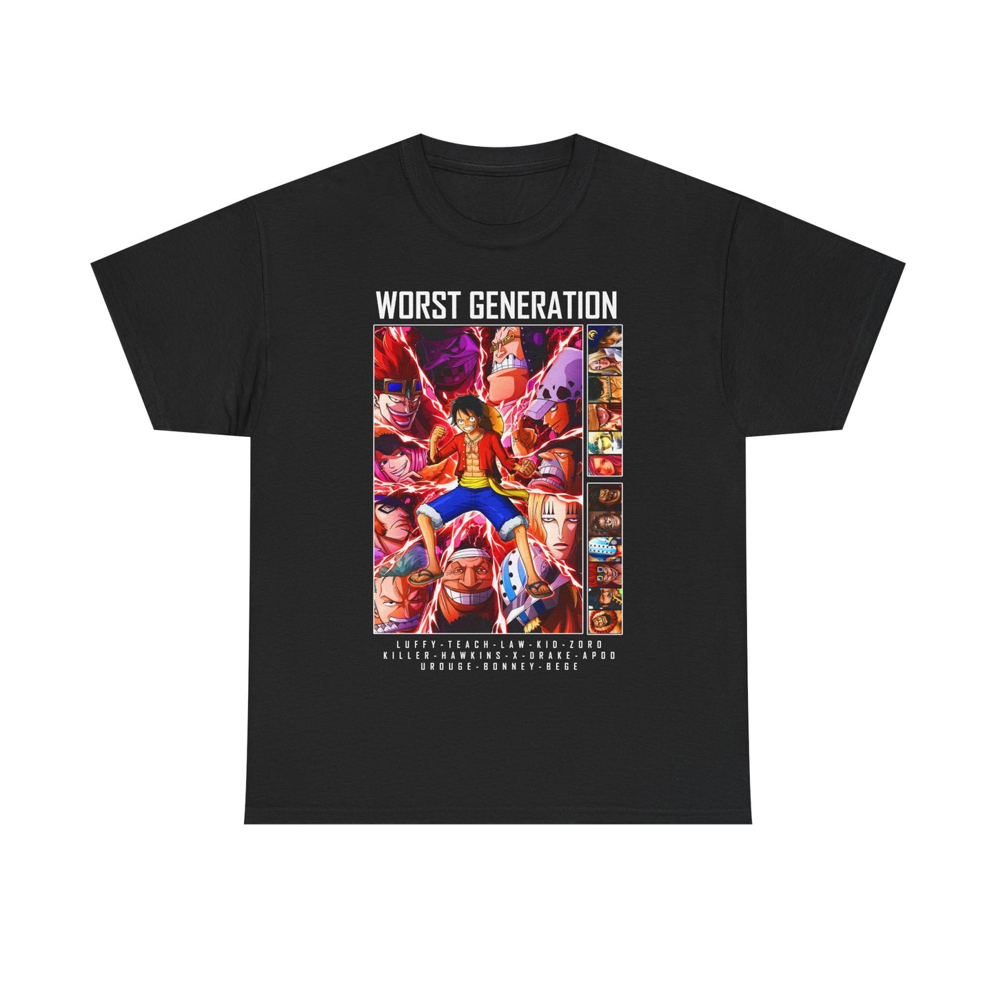 Sophisticated black T-shirt featuring a striking graphic dedicated to the 'Worst Generation' from One Piece, showcasing iconic anime characters in vibrant action poses.