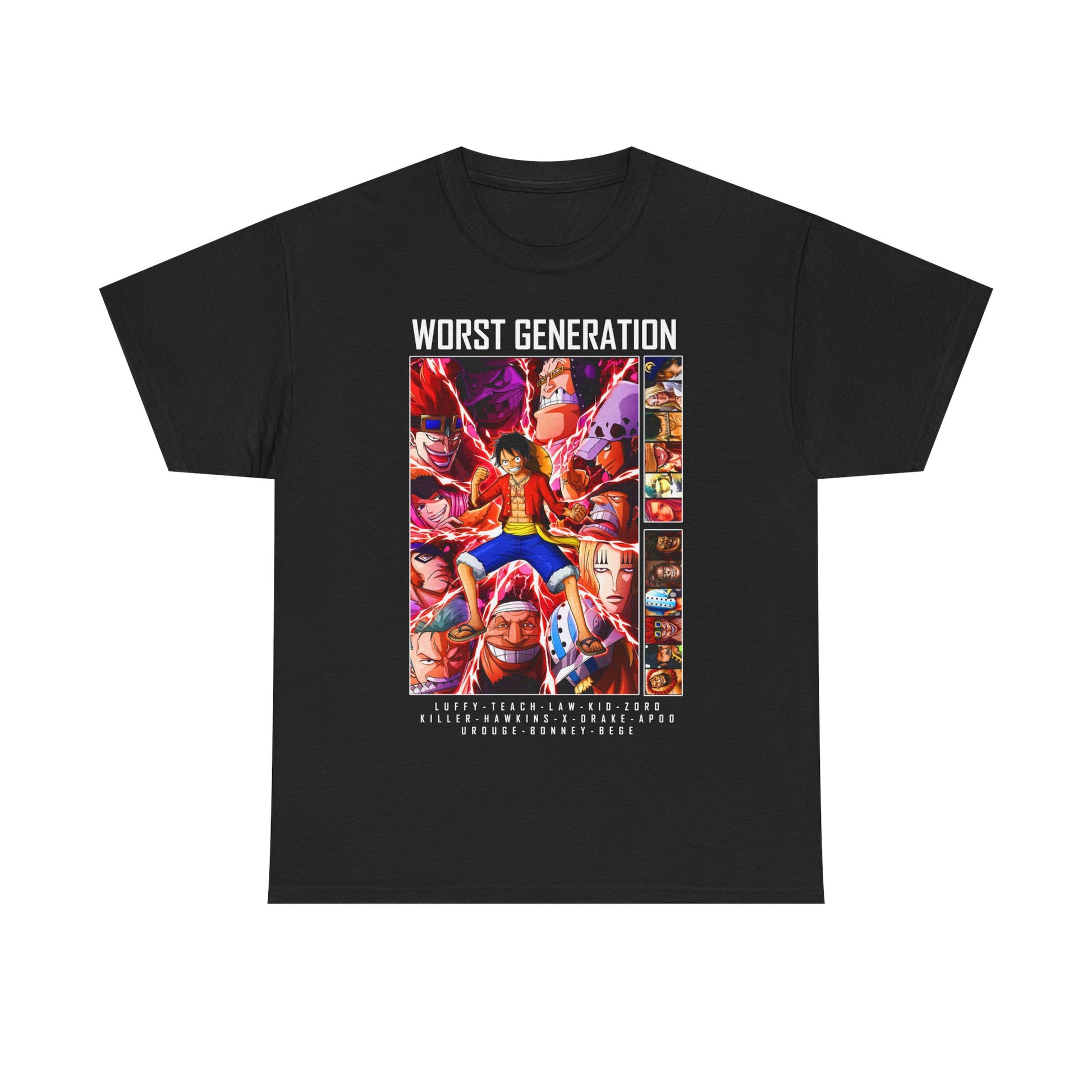 Sophisticated black T-shirt featuring a striking graphic dedicated to the 'Worst Generation' from One Piece, showcasing iconic anime characters in vibrant action poses.