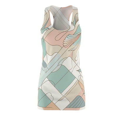 Modern Pastel Geometric Pattern Racerback Dress with Bird Designs by Dazzling Dreams Studio showcasing a dynamic blend of pastel colours and fluid bird designs.