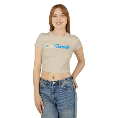 Chic women's cropped t-shirt in beige featuring the playful 'Only Friends' design with stylish blue script, accompanied by a model looking effortlessly fashionable and confident.