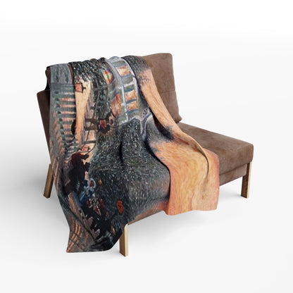 Decorative and Warm Christmas Arctic Fleece Blanket beautifully displayed on a modern chair, enhancing the festive atmosphere with its exquisite design.