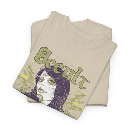 Stacked view of two exquisite beige graphic t-shirts, displaying intricate designs with a mystical theme, emphasizing the bold 'Occult' text and artistic details that reflect a unique style.