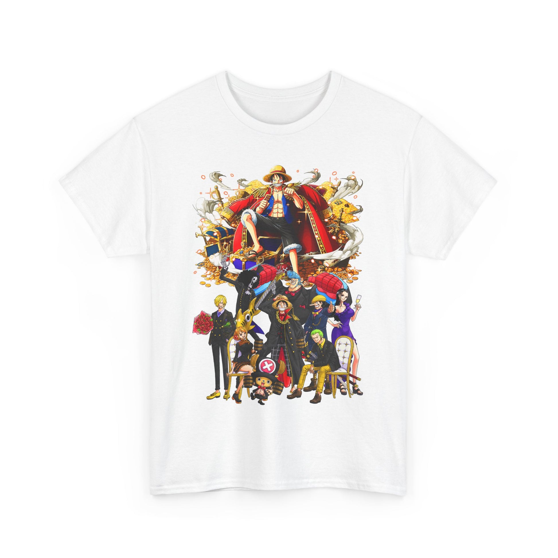 White graphic t-shirt featuring vivid anime art, suitable for casual wear or elevating any outfit with a touch of elegance.