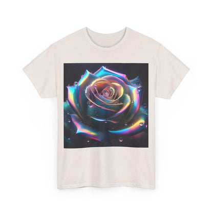 The Ethereal Rose Tee Unisex Cotton Graphic T-Shirt displaying an exquisite, vibrant close-up of a stylised rose with iridescent effects, perfect for artistic fashion.