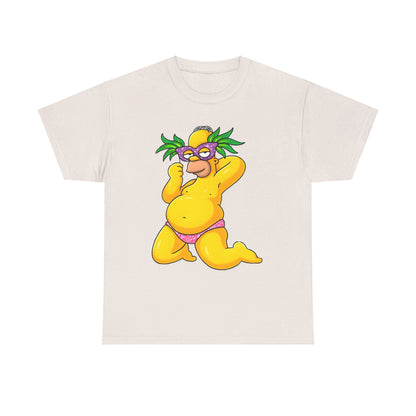Luxury Homer Simpson Unisex Cotton Tee - Graphic T-Shirt with an elegant design of Homer Simpson in an off-white hue, flaunting pink bikini bottoms and a decorative purple mask with green palm details.