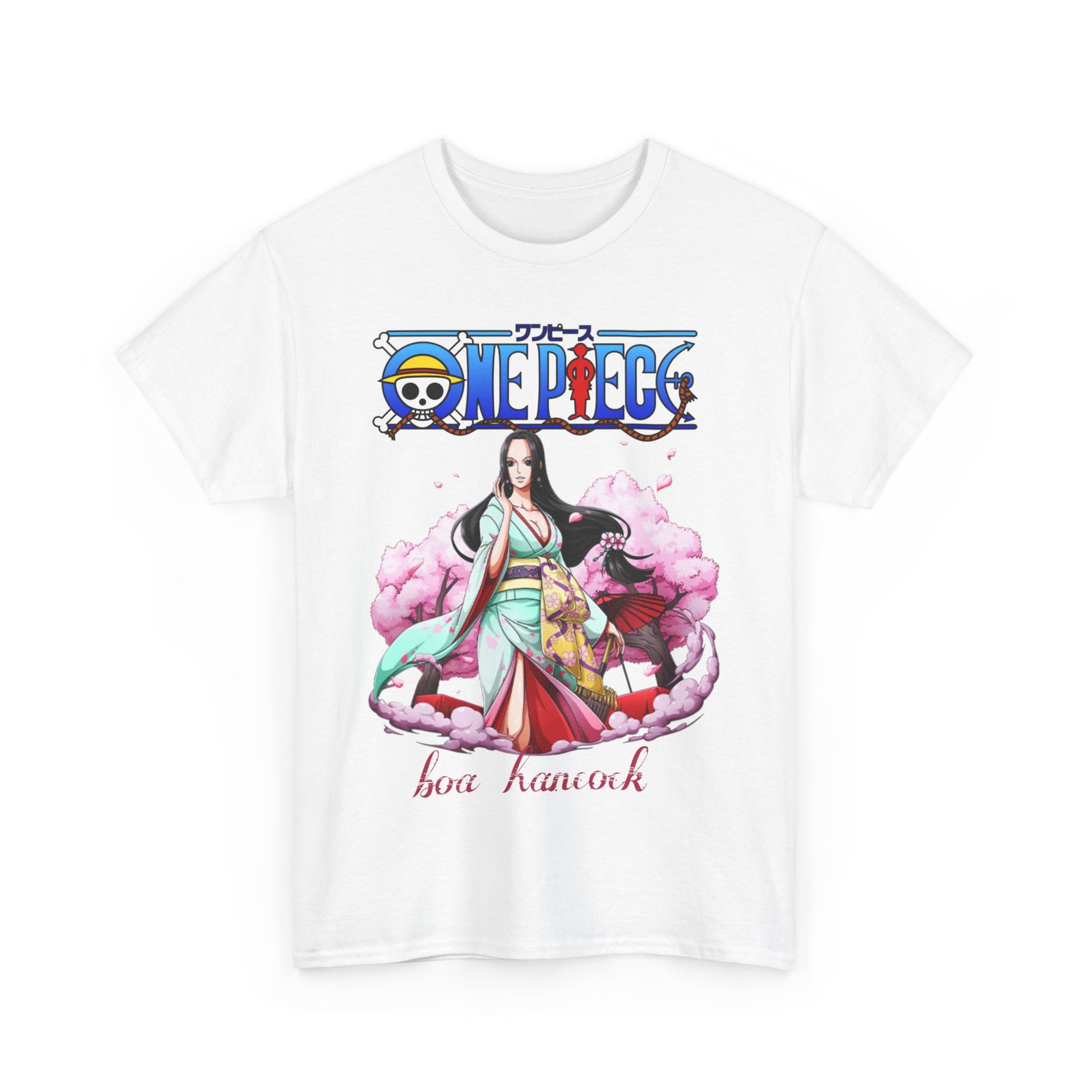 Luxury graphic t-shirt featuring Boa Hancock from One Piece, adorned in an elegant light teal kimono with intricate floral patterns, set against a soft pink cherry blossom background.